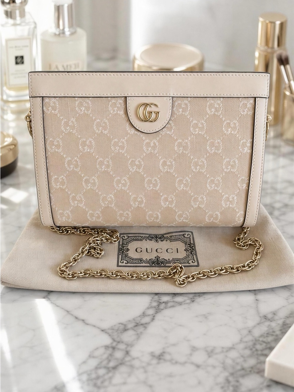 Gucci Like-New Neutral Beige GG Canvas Crossbody with Gold Chain